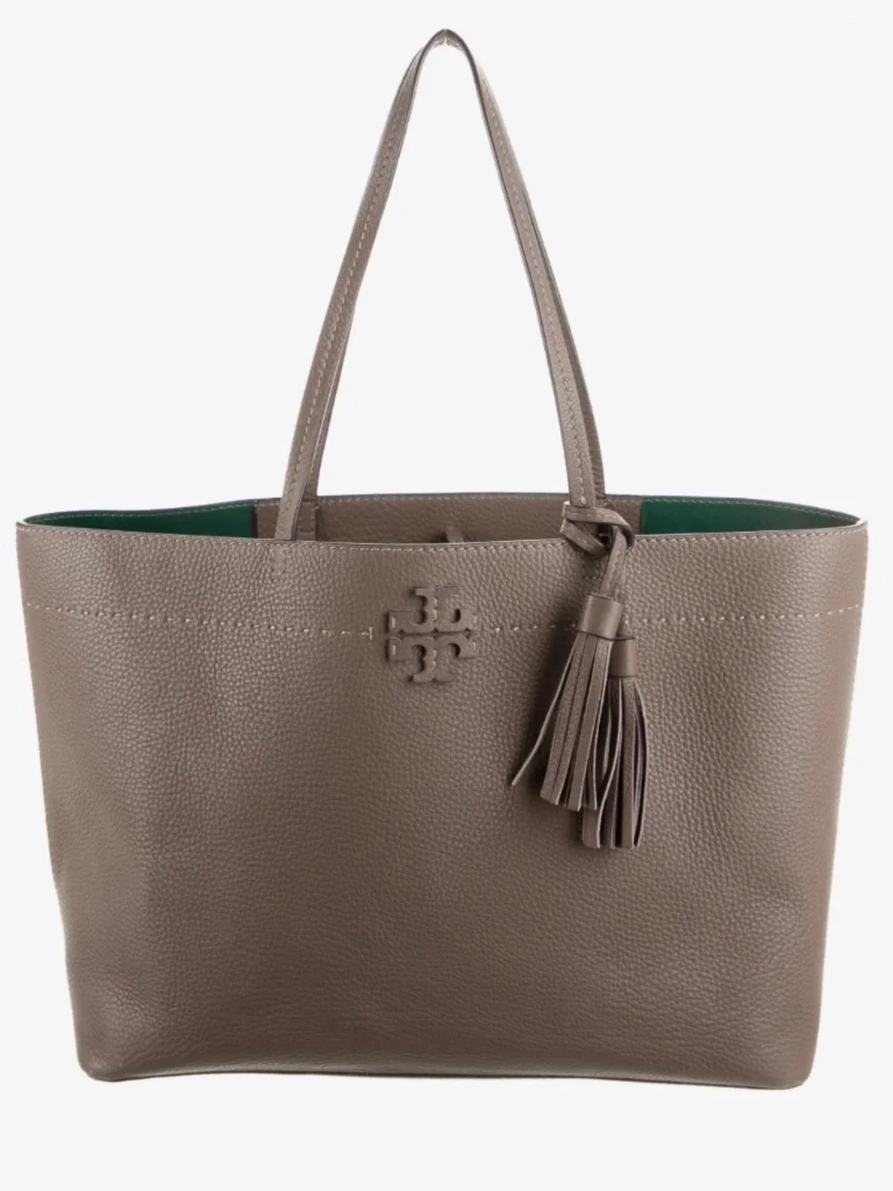 Tory Burch McGraw Tote Mushroom Taupe Leather Removable Tassel Leather Logo